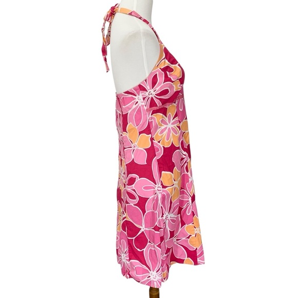 Vintage Y2K Halter Dress Womens Small Medium Pink Orange Hawaiian Floral Cotton - Picture 6 of 11